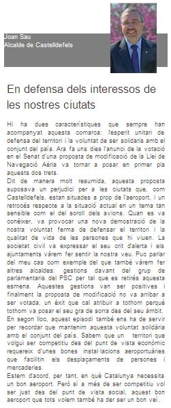 Artculo publicado en el semanario EL FAR por el alcalde de Castelldefels (Joan Sau) sobre la retirada en el Senado de la enmienda para modificar la Ley de Navegacin Area (11 diciembre 2009)